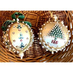 Lot of Vintage Handcrafted Hand Made Push Pin Beaded Silk Christmas Ornaments